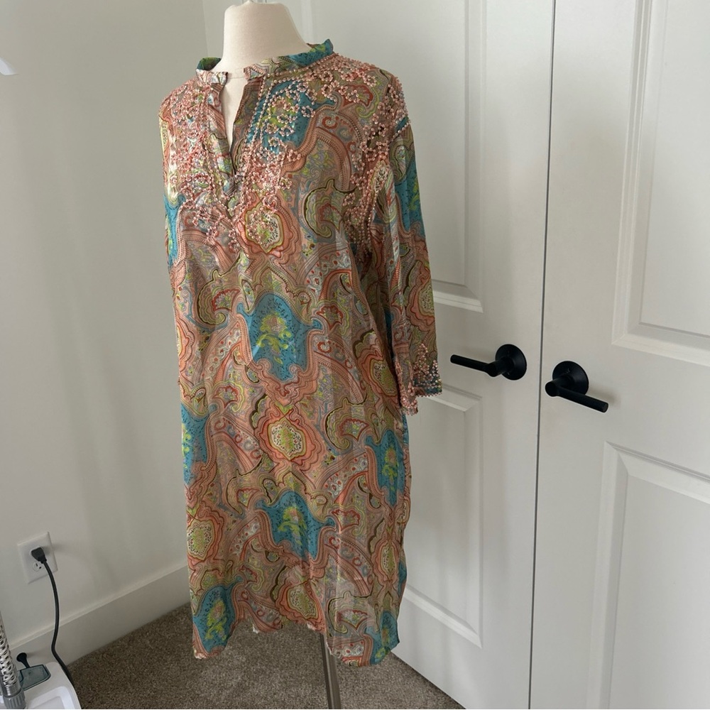 Gorgeous Miss June Paris size 2 M L Beaded Semi Sheer Kaftan Cover up Dress